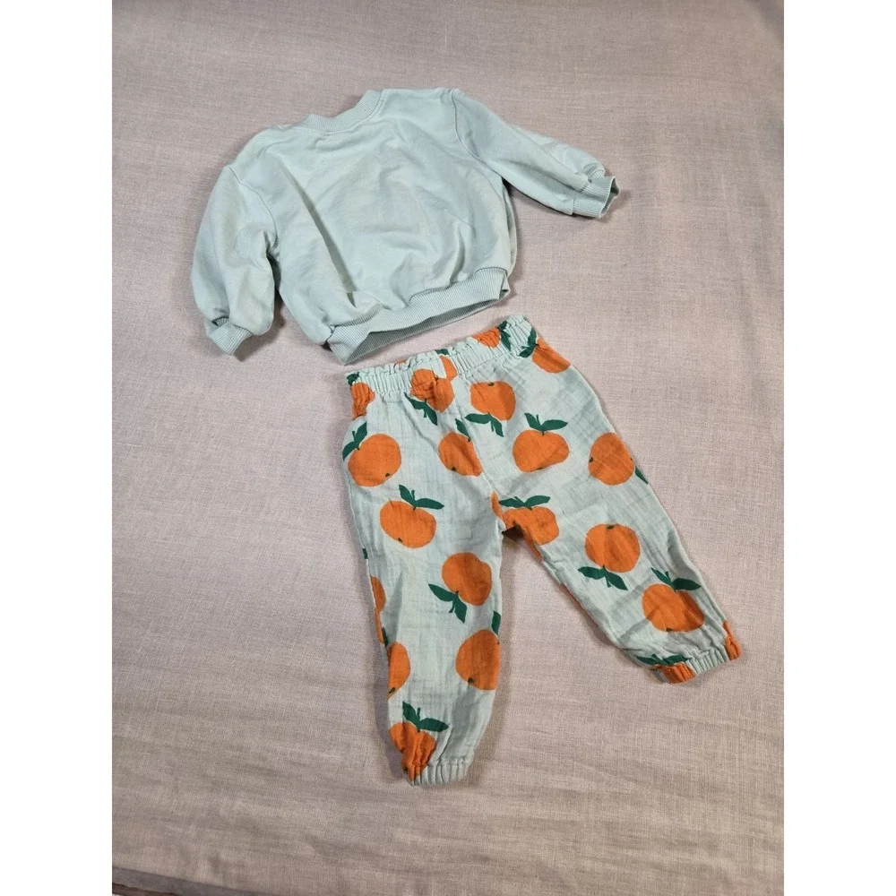 Old Navy Happy Orange Motif Graphic Sweatshirt Pants Fuzzy Letters Sz‎ 6-12  Mo.